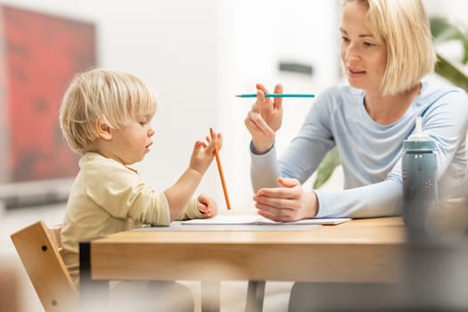 Caring young Caucasian mother and small son drawing painting in notebook at home together. Loving mom or nanny having fun learning and playing with her little 1,5 year old infant baby boy child