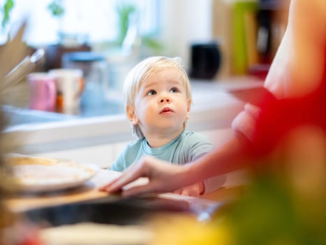 Mother and little toddler baby boy making pancakes for breakfast together in domestic kitchen. Family, lifestyle, domestic life, food, healthy eating and people concept
