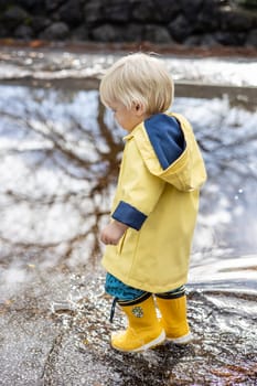 Small blond infant boy wearing yellow rubber boots and yellow waterproof raincoat walking in puddles on a overcast rainy day. Child in the rain