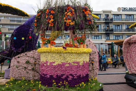 Noordwijk, Netherlands - April 22, 2023: Spectacular flower covered floats in the Bloemencorso Bollenstreek the annual spring flower parade from Noordwijk to Haarlem in the Netherlands.