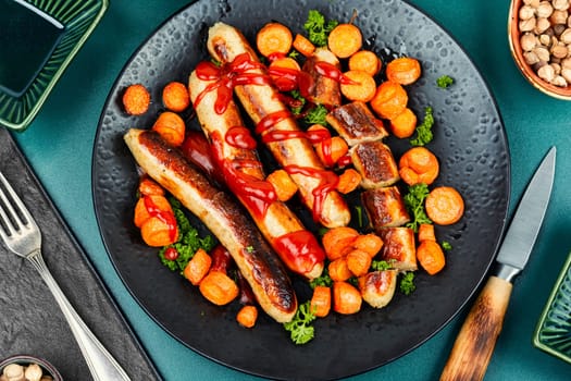 Grilled or roasted turkey meat sausages in tomato ketchup with roasted carrots. Assorted succulent fried sausages.