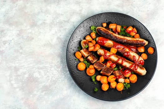 Grilled or roasted turkey meat sausages in tomato ketchup with roasted carrots. Assorted succulent fried sausages.