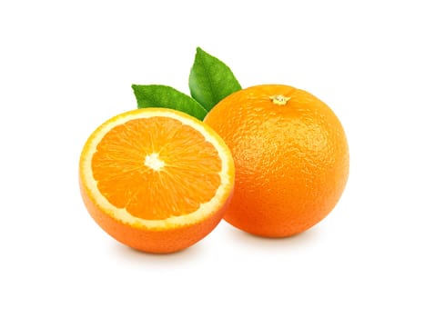 Orange with sliced and green leaves isolated on white background