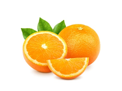 Orange with sliced and green leaves isolated on white background