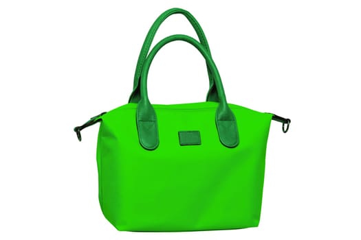 Stylish women's handbag. A fashionable female green luxury handbag with green leather handles isolated on white. Fashionable womans accessories. Advertising.