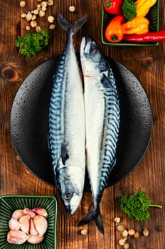 Fresh whole mackerels fish and ingredients for cooking. Raw fish served on a black plate. Flat lay