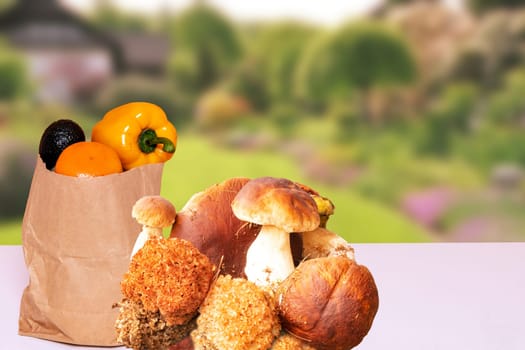 Various types of edible forest mushrooms such as porcini, parasols and a brown paper bag full of fresh healthy vegetables on table over a blurred natural garden. Health concept.