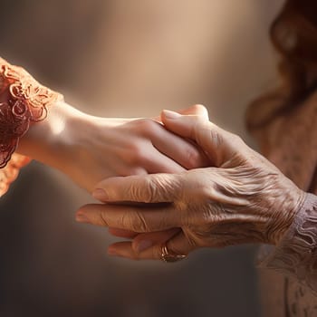 Hands of an old woman holding hands of a young woman generated by artificial intelligence