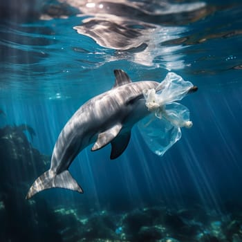 A dolphin swims in the sea with a plastic bag generated by artificial intelligence