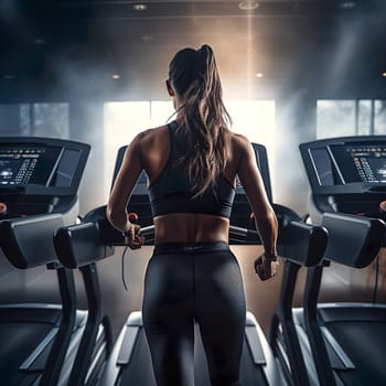 Back view of an athletic young woman running on the treadmill in the gym generated by artificial intelligence