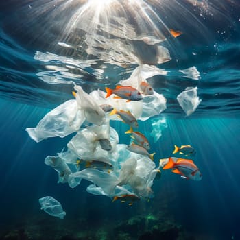 Plastic waste floats between fish in the sea generated by artificial intelligence