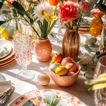 Beautiful table decorations for a cozy Easter breakfast generated by artificial intelligence