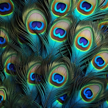 Beautiful background with peacock feathers generated by artificial intelligence
