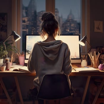 A woman sits at a desk at home generated by artificial intelligence