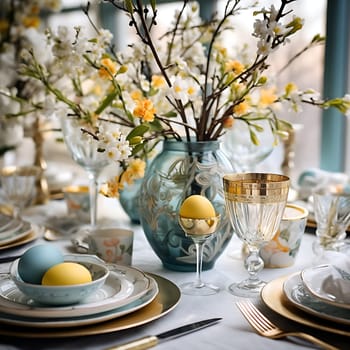 Beautiful table decorations for a cozy Easter breakfast generated by artificial intelligence
