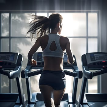 Back view of an athletic young woman running on the treadmill in the gym generated by artificial intelligence