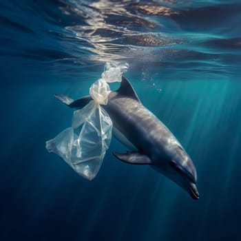 A dolphin swims in the sea with a plastic bag generated by artificial intelligence