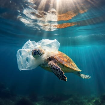 A turtle swims in the sea with a plastic bag generated by artificial intelligence