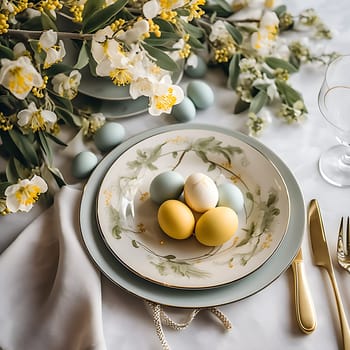 Beautiful table decorations for a cozy Easter breakfast generated by artificial intelligence