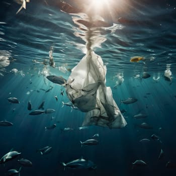 Plastic waste floats between fish in the sea generated by artificial intelligence