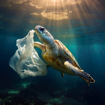 A turtle swims in the sea with a plastic bag generated by artificial intelligence