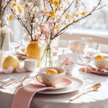 Beautiful table decorations for a cozy Easter breakfast generated by artificial intelligence