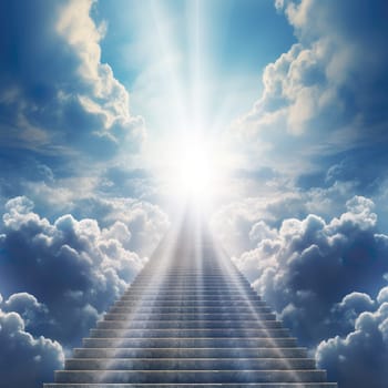 Stairway to heaven with sunbeams and clouds in the blue sky generated by artificial intelligence
