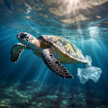 A turtle swims in the sea with a plastic bag generated by artificial intelligence