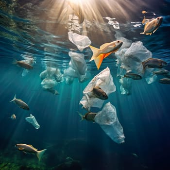 Plastic waste floats between fish in the sea generated by artificial intelligence