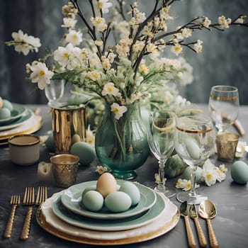 Beautiful table decorations for a cozy Easter breakfast generated by artificial intelligence