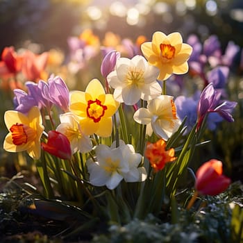 A background with colorful spring flowers generated by artificial intelligence