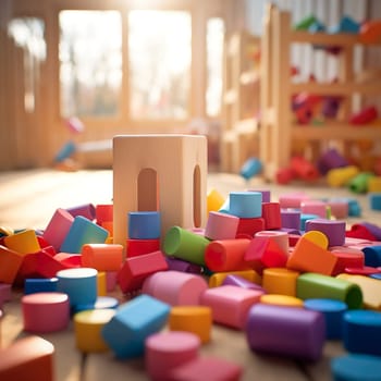 Colorful building blocks on the floor of a child's room generated by artificial intelligence