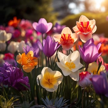 A background with colorful spring flowers generated by artificial intelligence