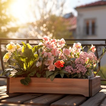 Beautiful colorful flowers on a balcony generated by artificial intelligence
