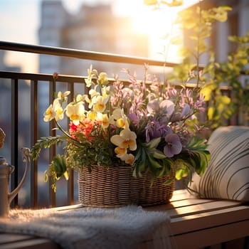 Beautiful colorful flowers on a balcony generated by artificial intelligence