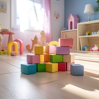Colorful building blocks on the floor of a child's room generated by artificial intelligence