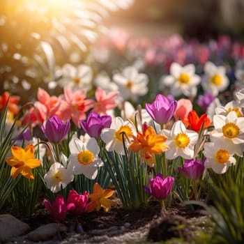 A background with colorful spring flowers generated by artificial intelligence