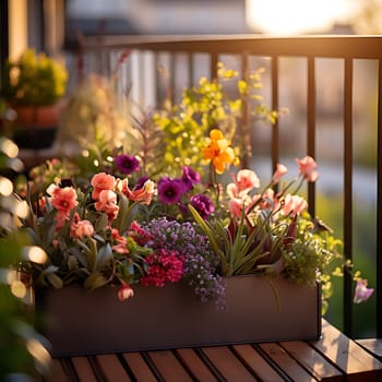 Beautiful colorful flowers on a balcony generated by artificial intelligence