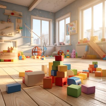Colorful building blocks on the floor of a child's room generated by artificial intelligence