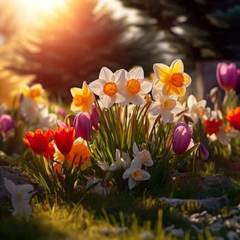 A background with colorful spring flowers generated by artificial intelligence