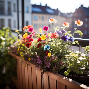 Beautiful colorful flowers on a balcony generated by artificial intelligence