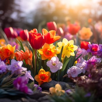 A background with colorful spring flowers generated by artificial intelligence