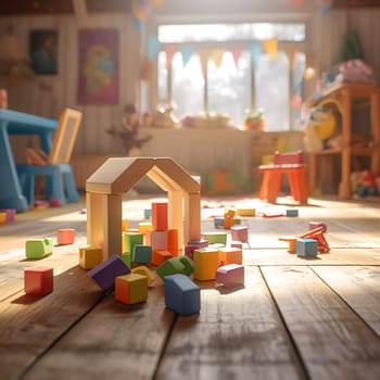 Colorful building blocks on the floor of a child's room generated by artificial intelligence