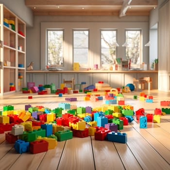 Colorful building blocks on the floor of a child's room generated by artificial intelligence