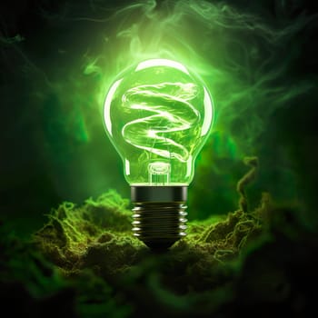 A green light bulb in nature generated by artificial intelligence