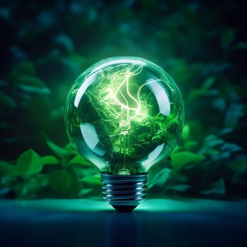 A green light bulb in nature generated by artificial intelligence