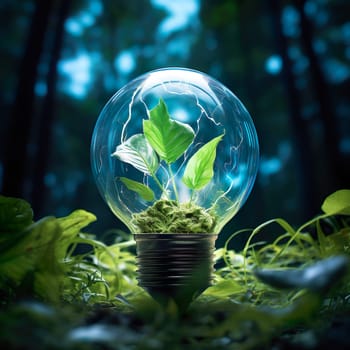 A green light bulb in nature generated by artificial intelligence