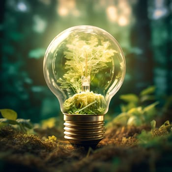 A green light bulb in nature generated by artificial intelligence