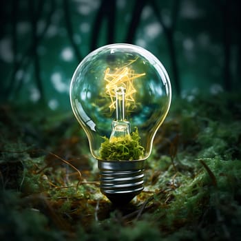 A green light bulb in nature generated by artificial intelligence