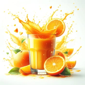 Generative visualization of a glass of orange juice with splashes isolated on white background